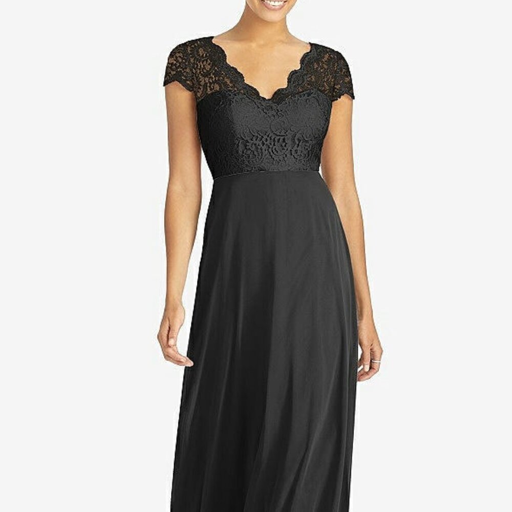 Dessy Collection Black Lace Cap-Sleeve Maxi Gown
